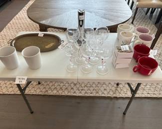 Pots, trays, coffee mugs, wine opener, wine glasses