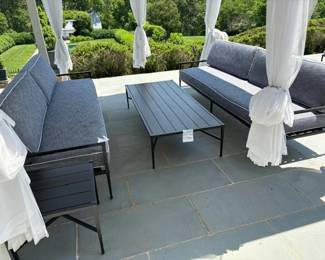 Restoration Hardware Trousdale Aluminum Sofa, Cushions + coffee table (there are two outdoor coffee tables left)