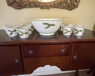 Holly & Berry Christmas Serving Punch Bowl and cups