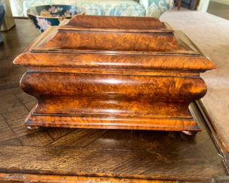 18th century English burled walnut tea caddy, 14 1/2 “ long x 8 1/2” deep x 8 1/4” high