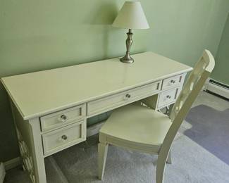 White desk with chair, with cut out design on sides and crystal knobs 