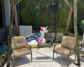 Wooden Swing Set, Chairs and Pool Floats
