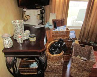 baskets, vases, table, pedestals