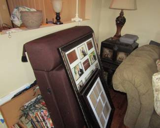 picture frames, side table and lamp