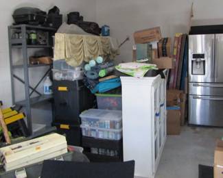 metal shelving unit and crafting supplies