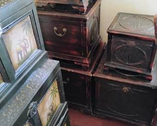 Elephant and Palm trees on several decorative storage trunks