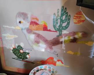 Vintage framed wool roadrunner picture