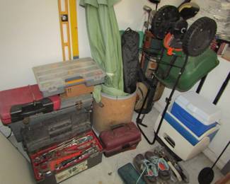 tool boxes, levels, spreader, umbrella
