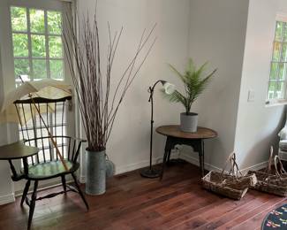 Antique desk chair & table, antique cloth sun umbrella and baskets