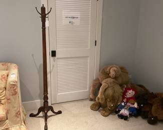 Claw foot coat rack & extra large children’s stuffed animals