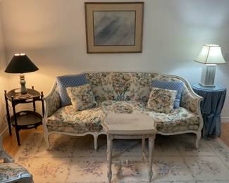 Charming white & floral living room set, sold individually. Local art.