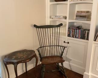 Antique rocking chair, painted table & books.
