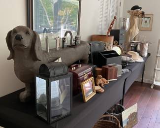 Handsome oil lamp, dog bench, flasks, desk sets, antiques
