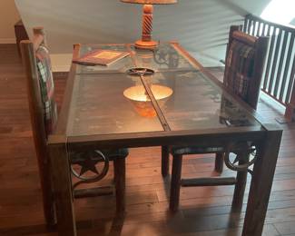 Very large Texas themed table, two plaid log-style chairs & lamp
