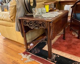Set of 2 Baker drop leaf mahogany drop leaf tables; H: 24" L: 44" (with leafs up) D: 30" Each leaf: 30" x 11" $280 + tax each