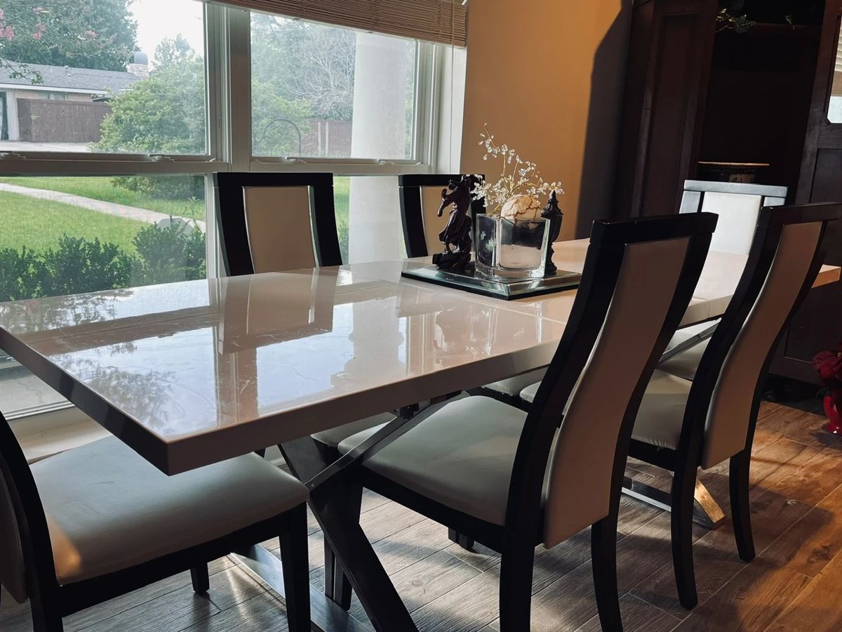 Formal dining room table and 6 chairs.