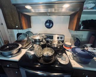 Various kitchen pots, pans, cookware