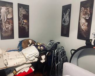 Blankets, throw blankets/pillows, twin/queen/king sheets, twin comforter sets, wheelchairs, walker, cane, wall art, cat wheel exerciser, dog bed