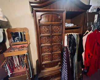 Vintage armoire, jewelry box, costume jewelry, lamps, clothing
