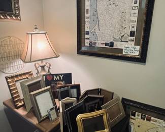 Lamp, picture frames, wall art