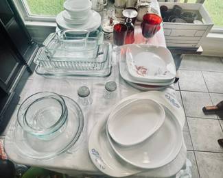 Corning ware, Pyrex, several sets of dishes, glasses