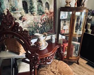 Table & matching mirror, wall tapestry, curio, various table decor, ottoman with storage, collectible dolls