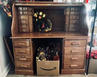 Vintage oak roll top desk, holiday decorations