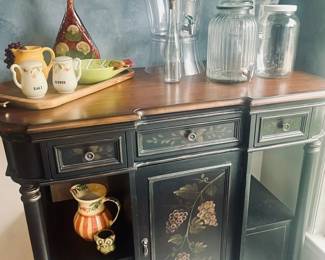 Buffet, drink containers, various serving pieces