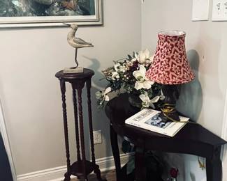 Brenda Burke print, tables, lamp, decor
