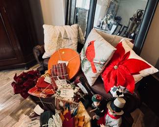 Mirrors, throw pillows, various holiday linens and decor