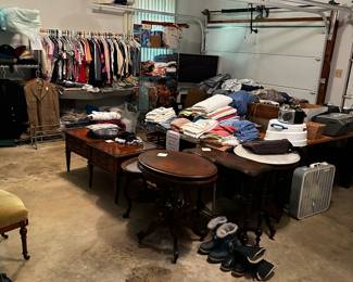 Various women's clothing, Linens, Vintage furniture