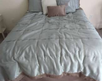 FullSized Bed with Gray Teal Comforter and Decorative Pillows