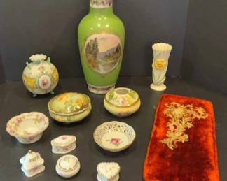 Collection of Vintage HandPainted Porcelain Vases Trinket Dishes Antique Red Velvet Appliqu