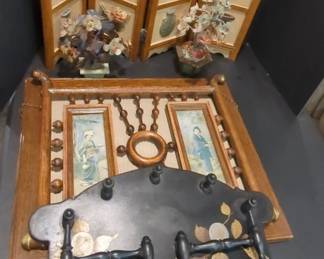AsianInspired Vintage Decor Lot Jade Trees, Geisha Magazine Holder Peg Rack
