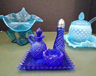 Antique Vintage Blue Glass Collection Northwood Opalescent Chalice, Fenton Hobnail, Cobalt Condiment Set