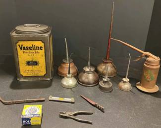 Vntage Vaseline Tin, Oil Cans, Plews Oiler, And Other Items