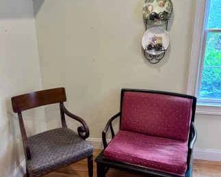 Set of two vintage armchairs and one metal wallmounted plate holder with three floral china plates