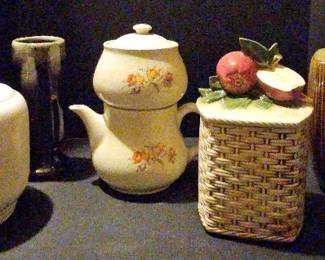Vintage Kitchen Decor Lot Fruit Cookie Jar, Teapot Set, Basket Canister More