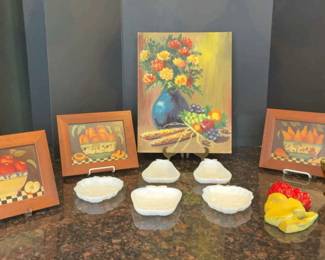 Vintage Kitchen FruitInspired Decor Lot Framed Art, Milk Glass Accents