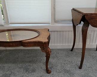 Pair of Vintage Inlaid Wood Tables DropLeaf End Table GlassTop Coffee Table