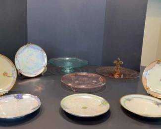 Elegant Vintage Porcelain Plates Depression Glass Cake Stands HandPainted Iridescent