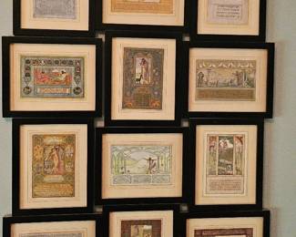 Set of 2 Framed Jewish Illuminated Manuscript Art Prints Hebrew Calligraphy Religious Imagery