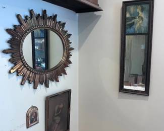 Set of Four Decorative Wall Hangings Mirrors, Art Prints, and Plaque