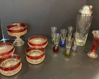 Indiana Glass Co Glass And Bowls, Bubble Bottom Shot Glasses, Cocktail Shaker Etched Bud Vase