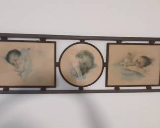 Large Framed Trio of Bessie Pease Gutmann Baby Prints Vintage Charm in RoseCarved Wooden Frame