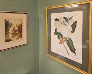 Pair of Framed Artworks Signed Etching Estate Found by Florence Botanical Magnolia Print