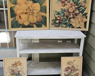 Vintage Farm Table, 4 Framed Floral Prints Ann Cochran Botanical Illustrations