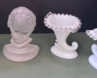 Glass Head Bookends and Milk Glass Cornucopia Fenton Inspired