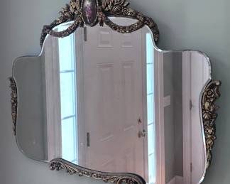 005 Large Antique Wall Mirror With Ornate Wood Frame
