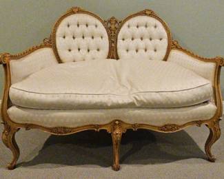 Vintage Carved Wood Tufted Settee Double Balloon Back, Cream Upholstery